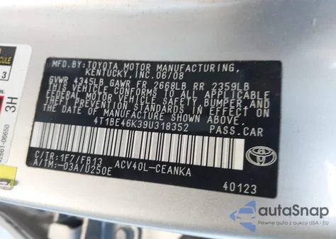 2009 Toyota Camry z USA, uszkodzony, nr VIN 4T1BE46K39U318352